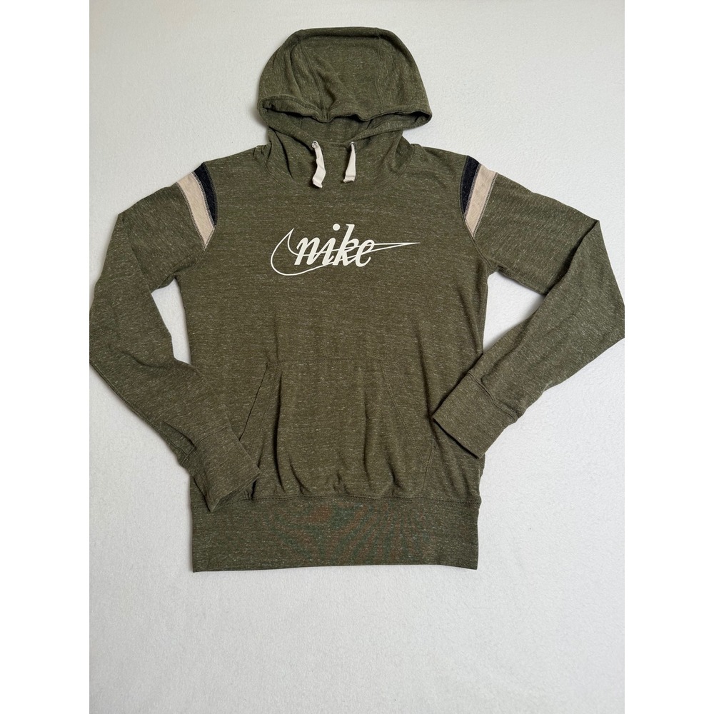 Nike Sportswear Gym Vintage Hoodie Olive Green Heather Script Logo Small